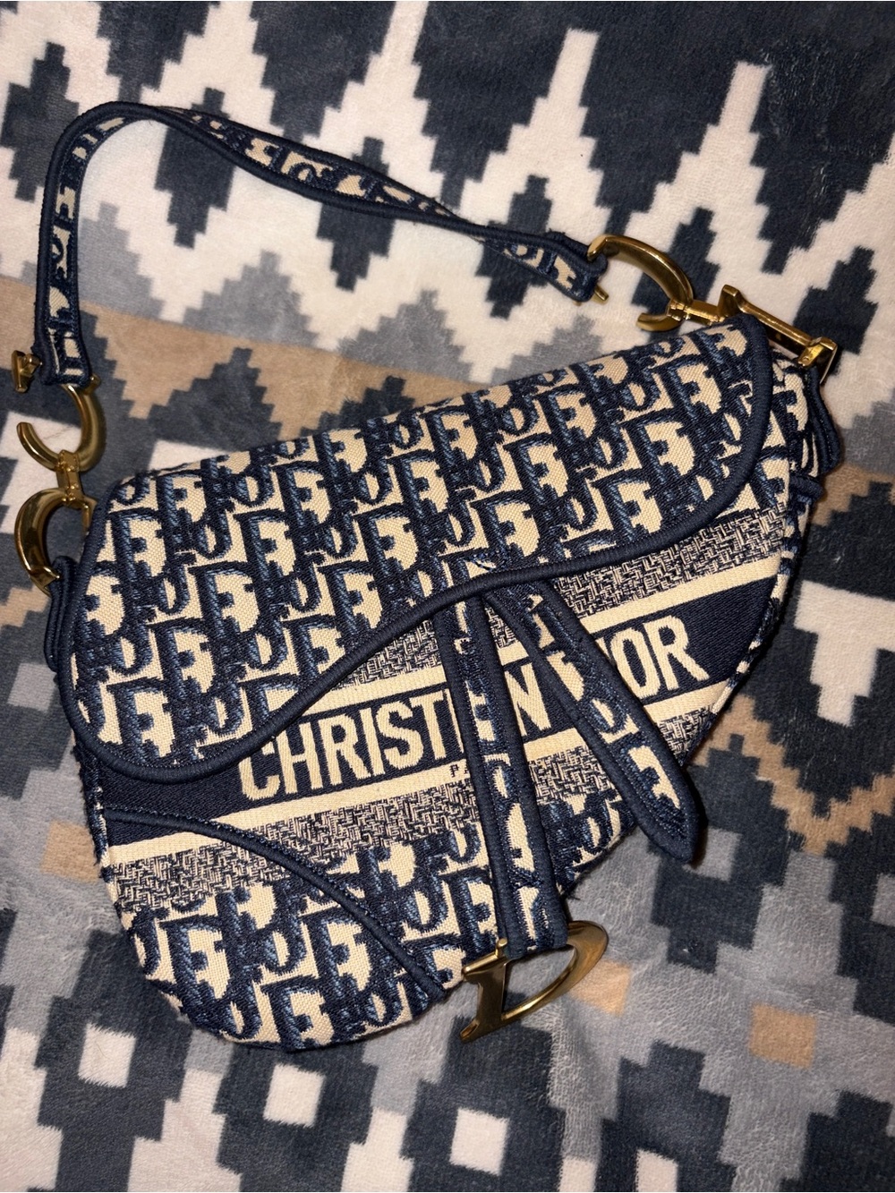 Dior Navy & Cream Oblique Saddle Bag with Brass Hardware - Picture 2 of 5